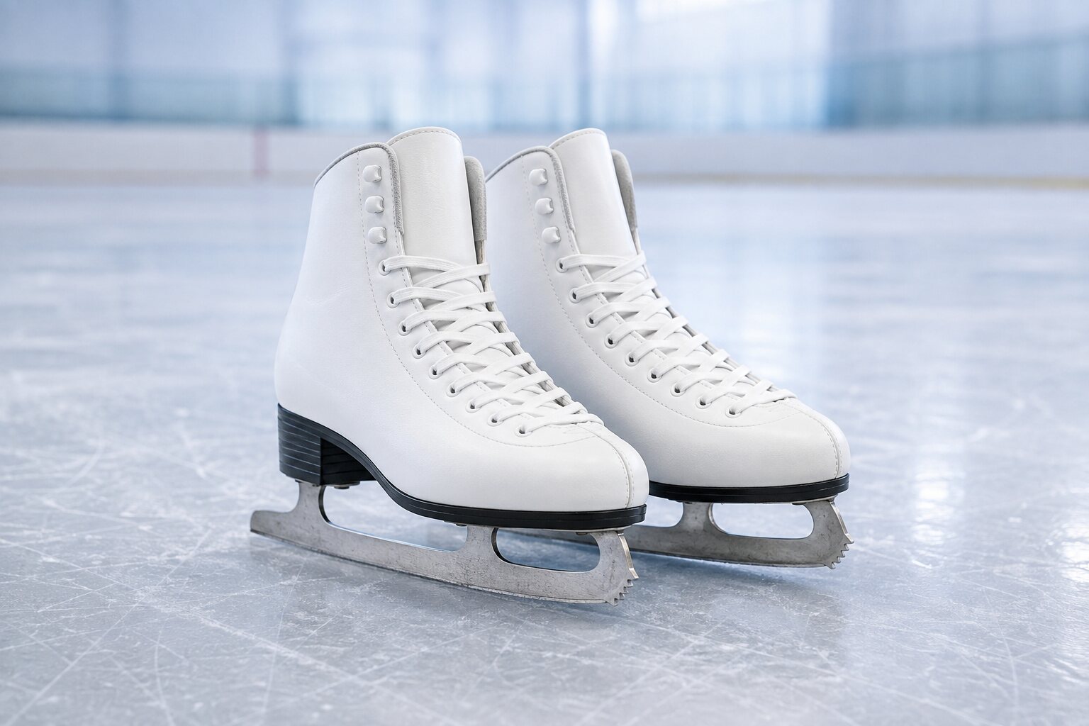Patines artísticos blancos sobre una pista de hielo