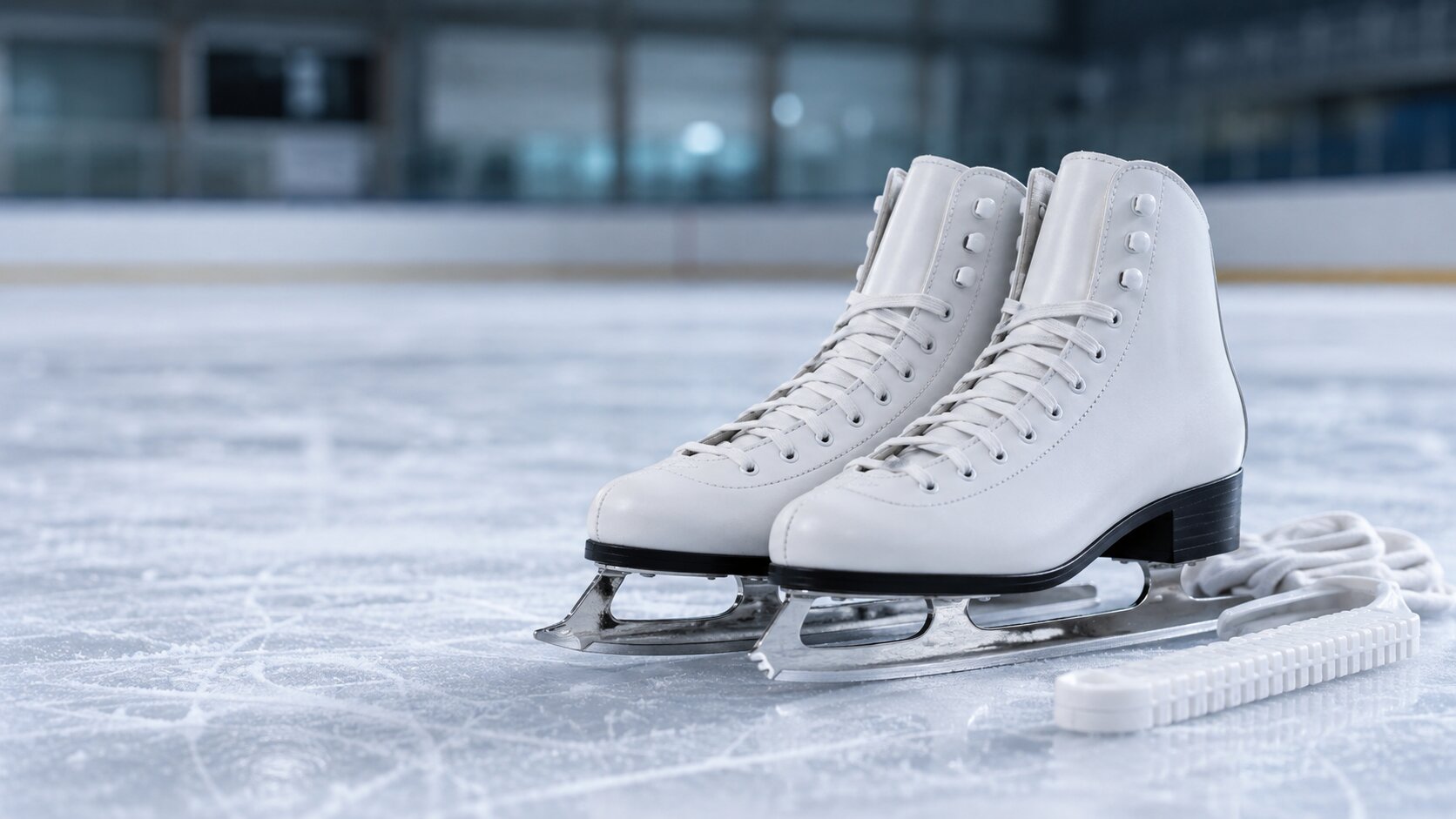 Patines artísticos y accesorios preparados sobre una pista de hielo